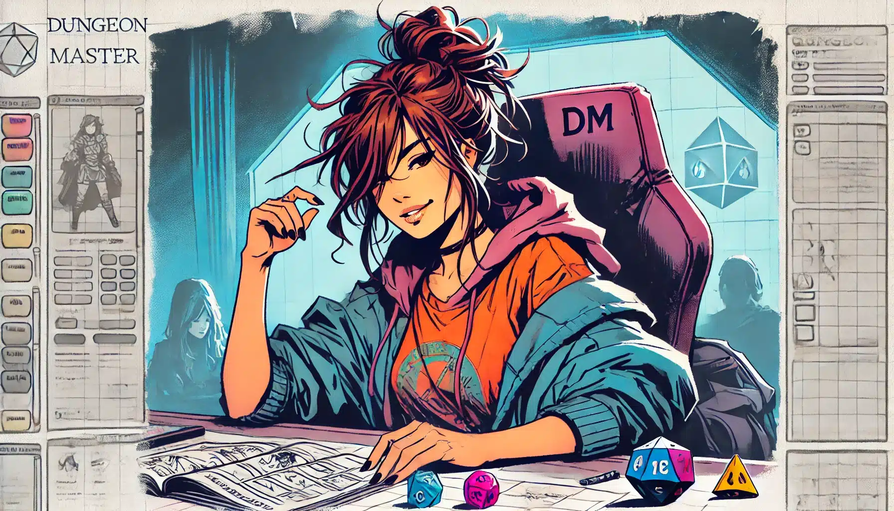 Illustration of a woman with red hair in a bun, wearing a hoodie and jacket, sitting at a desk with an open book and colorful dice. Shes in a room with gaming sheets and a DM chair, deep in the world of DND as an imaginative Dungeon Master.