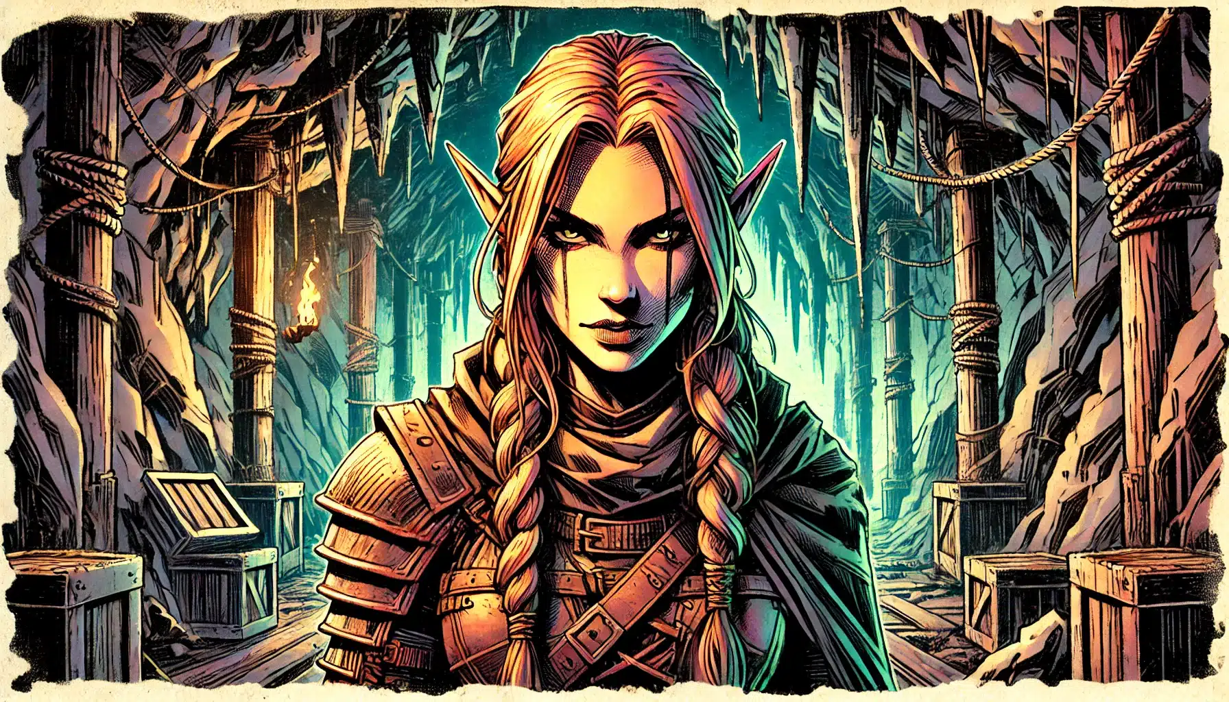 Illustration of a fantasy elf with braided hair, wearing armor and a cloak, standing in a dimly-lit cave. The scene evokes the mystical atmosphere of a Pathfinder RPG adventure, with wooden chests and torches lining the rocky passage.