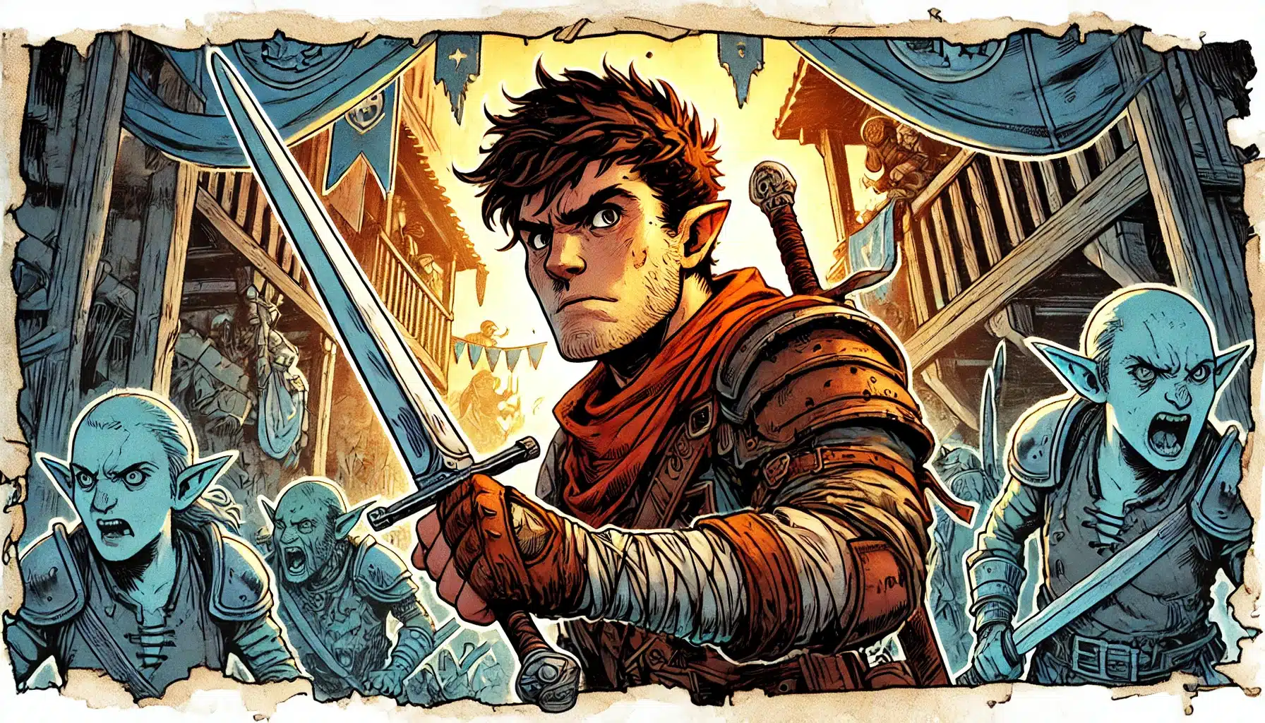 A determined fantasy warrior with a sword stands ready in a vibrant medieval village, reminiscent of a Dungeons & Dragons setting. Hes surrounded by snarling goblins, with detailed wooden buildings and tattered banners in the backdrop. The scene is set in dramatic, illustrated style.