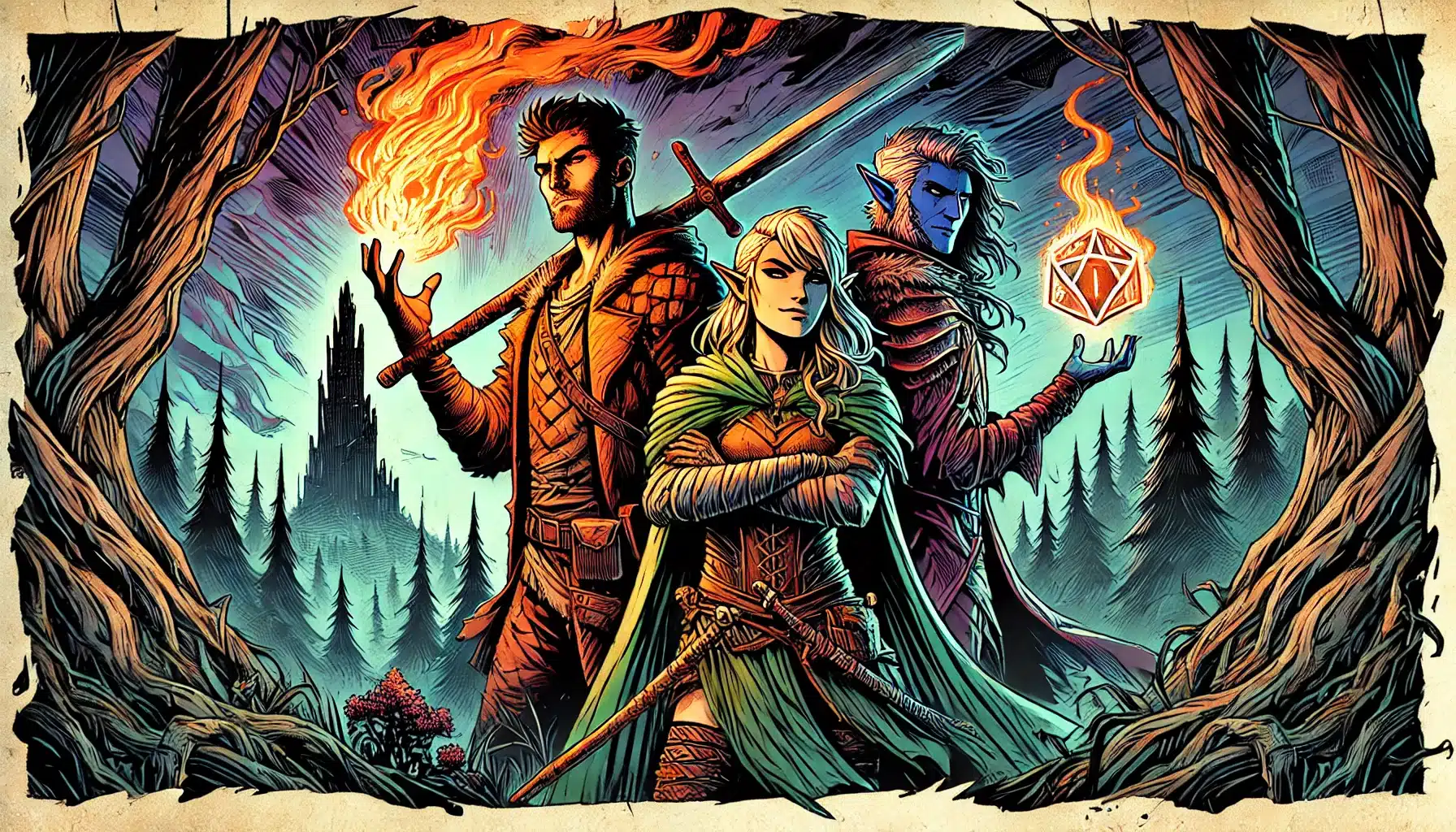 Three fantasy adventurers stand in a dark forest. One wields a flaming sword, another crosses their arms, and the third, with blue skin, levitates a glowing die. A castle looms under a twilight sky—a scene straight from a Pathfinder RPG session.