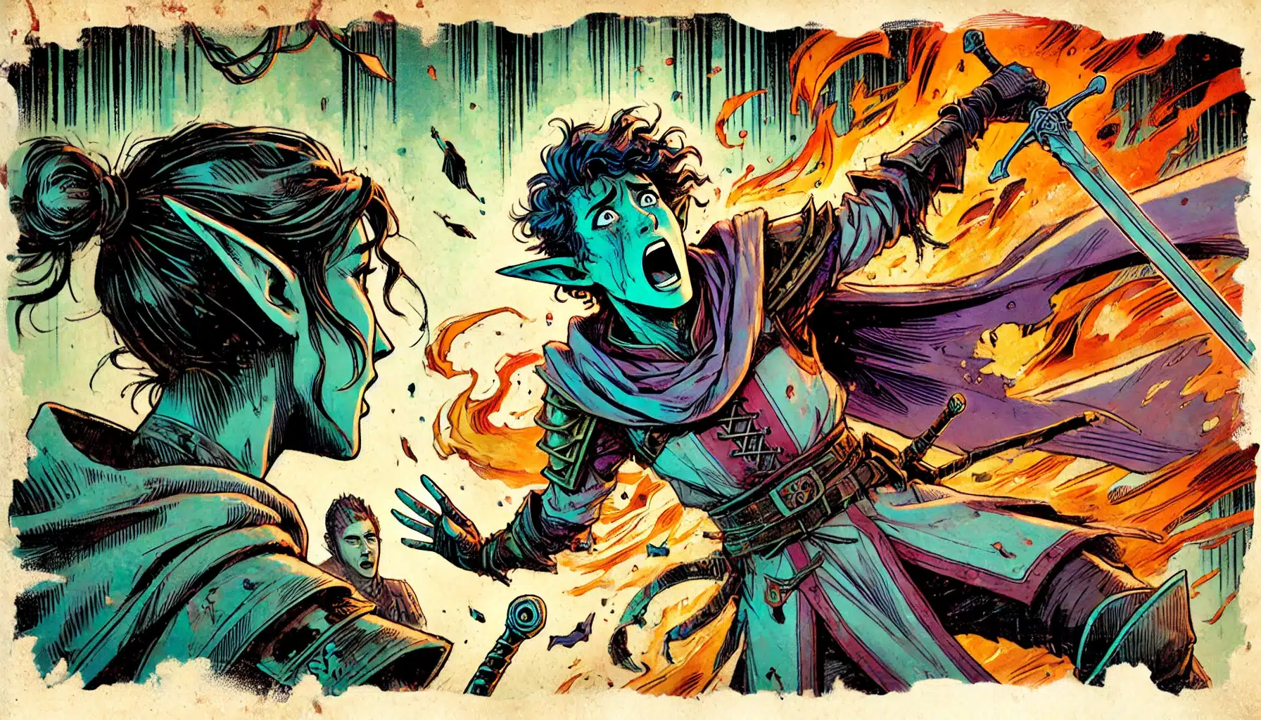 Comic-style image of two elven characters with surprised expressions against a backdrop of flames and debris. Perfect for a TTRPG adventure, the scene is dynamic, with one character reaching forward with a sword, while the other gazes on in wide-eyed amazement.