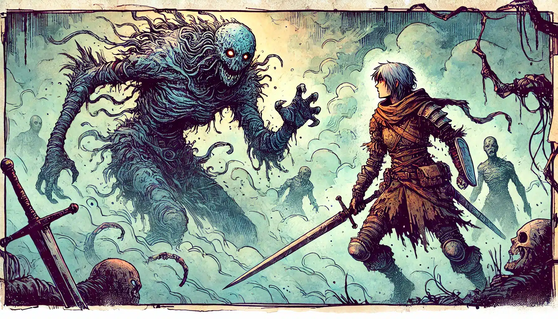 In a misty, eerie landscape, a DND warrior with a sword confronts a looming, monstrous creature with glowing eyes. Other shadowy figures lurk in the background, and discarded swords are scattered across the tabletop RPG scene.