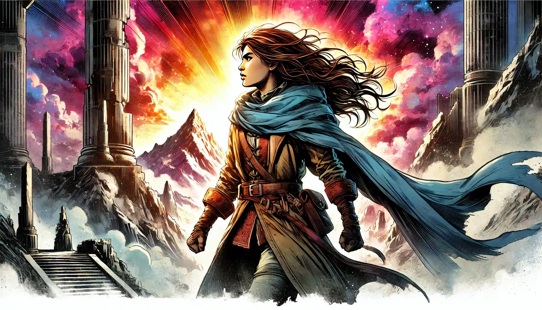 A determined woman with flowing hair and a blue scarf stands atop a snowy mountain, evoking the spirit of Dungeons & Dragons. She is surrounded by ancient ruins and vibrant, colorful clouds illuminated by a radiant sunburst.