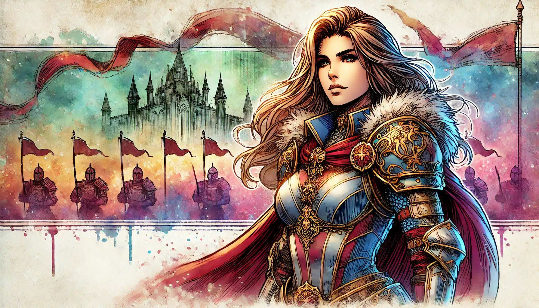 Illustration of a female knight in ornate armor with a fur-trimmed cape, exuding the confidence of a Dungeons & Dragons hero. A castle and soldiers with red flags stand behind her, set against a colorful, watercolor-like backdrop.