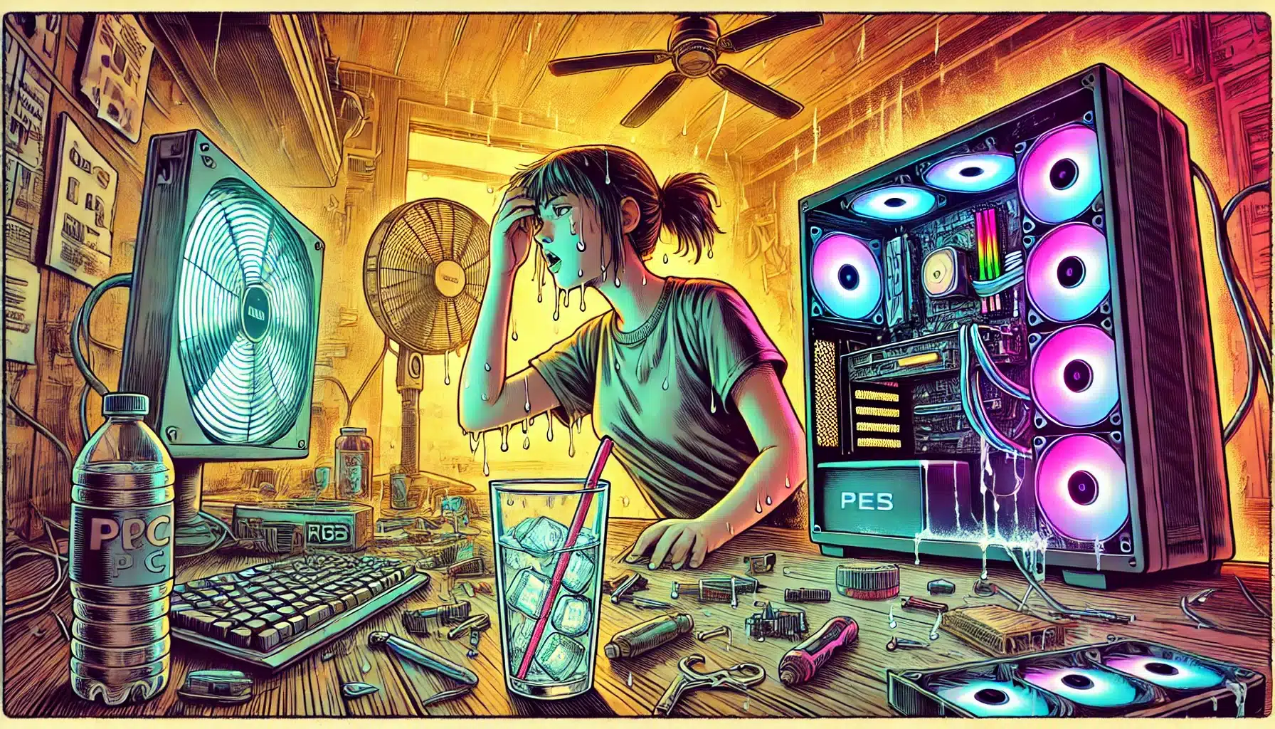 A person sits at a cluttered desk, sweating heavily in a warm room with a fan. An open computer case glows with colorful lights like something from a fantasy tale. A drink with ice is in the foreground, surrounded by tools and scattered items resembling a tabletop RPG setup.