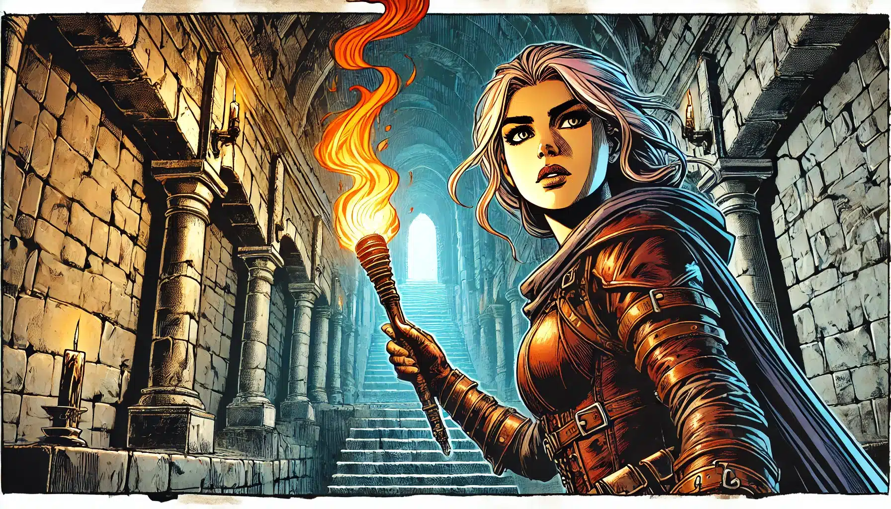 Illustration of a woman with striking gray hair wearing leather armor, holding a flaming torch. Shes standing in a dimly lit, arched stone corridor with stairs in the background, exuding an adventurous spirit akin to a Pathfinder RPG quest.
