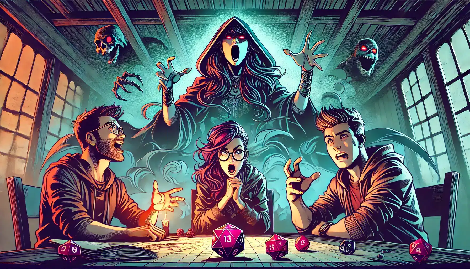 Three people play a tabletop role-playing game, looking surprised and excited. A mysterious, hooded spectral figure with glowing eyes emerges behind them, echoing a DND fantasy realm, with ghostly skulls and hands. Dice are scattered on the table.