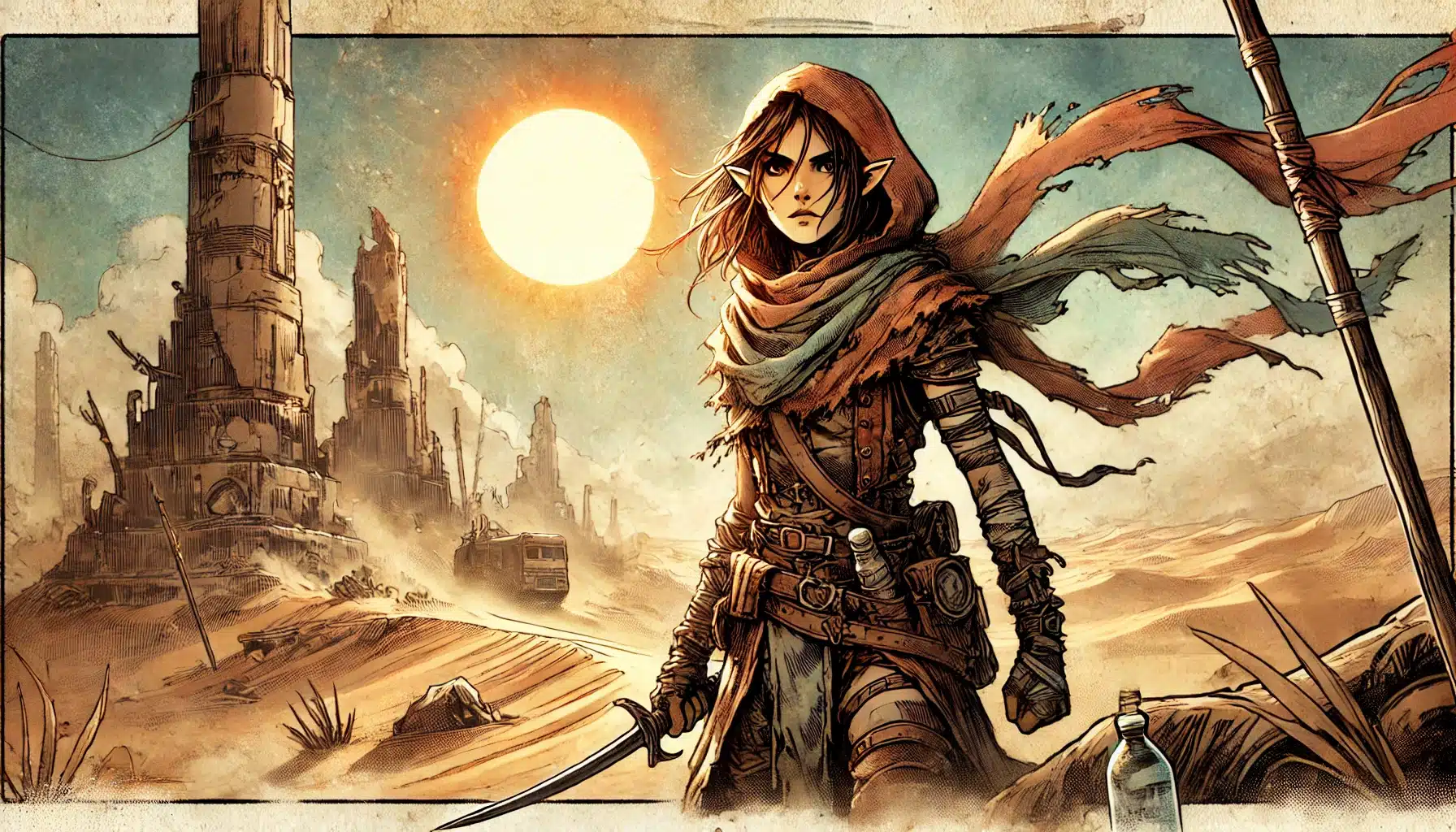 A fantasy warrior with pointed ears stands in a desert landscape. Trying to heal my voice against the harsh winds, they wear a hood, scarf, and armor while holding a sword. Ruined towers and a blazing sun loom in the background, with a lone bottle resting solemnly in the sand.