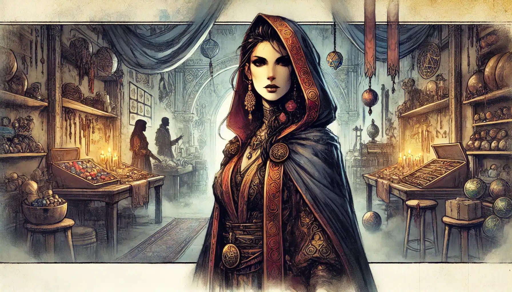 A woman in a regal robe stands in a richly decorated antique shop, trying to heal my voice. The room brims with artifacts as two figures examine treasures, the soft, warm glow from candles creating an enchanting ambiance. Sorry the scene isnt longer; its magic lingers briefly like a whispered secret.