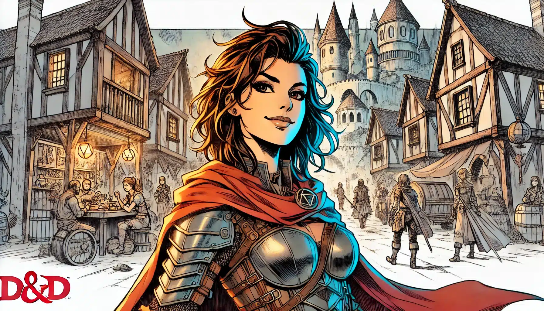 A confident woman in armor with a red cape stands in a medieval village street, surrounded by people and shops. In the background, a large castle with tall towers looms, evoking the charm of classic fantasy settings and DND-inspired adventures.