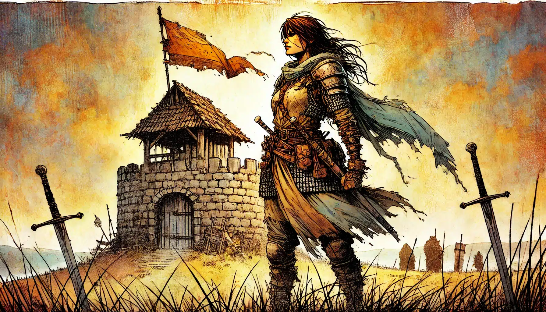 A Dungeons & Dragons warrior with long hair and armor stands before a small stone fortress with a tattered flag. The sky is orange and dramatic, evoking the essence of fantasy. Swords are embedded in the ground around them as they gaze into the distance.