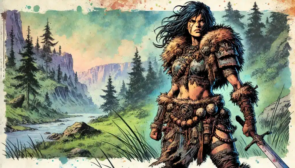A fierce warrior woman stands in a rugged landscape, clad in fur and leather armor. She holds a sword, her long flowing hair complementing her determined expression. With pine trees and a mountain backdrop, the scene evokes the vivid world of fantasy tabletop RPGs like DND.