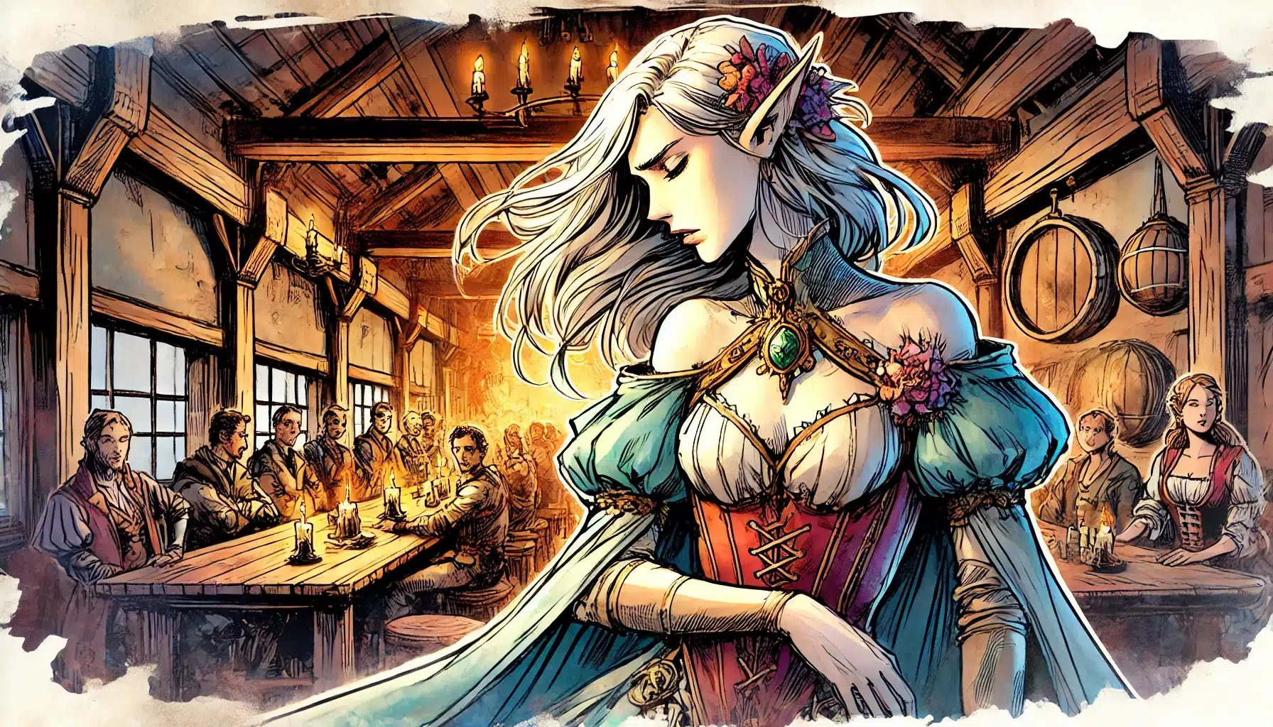 A fantasy scene depicting an elf with long white hair and pointed ears in an ornate tavern reminiscent of a Dungeons & Dragons setting. Shes clad in a detailed outfit adorned with a brooch and flowers. In the background, patrons gather at wooden tables under warm lighting, sharing stories from their ttrpg adventures.