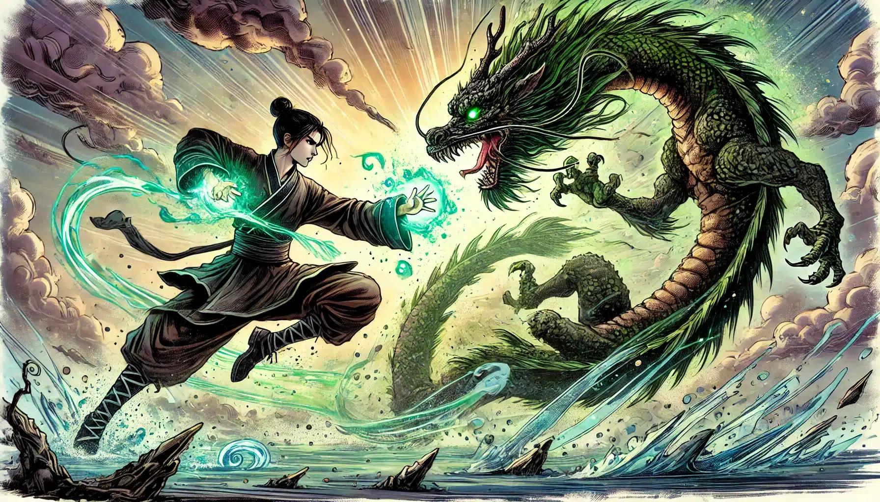 Amid the turbulent seas and swirling skies, a fantasy warrior imbued with a glowing green aura confronts a fierce dragon. Like a hero from DND or Pathfinder RPG, they strike with an outstretched hand, emitting powerful energy as waves crash around them.