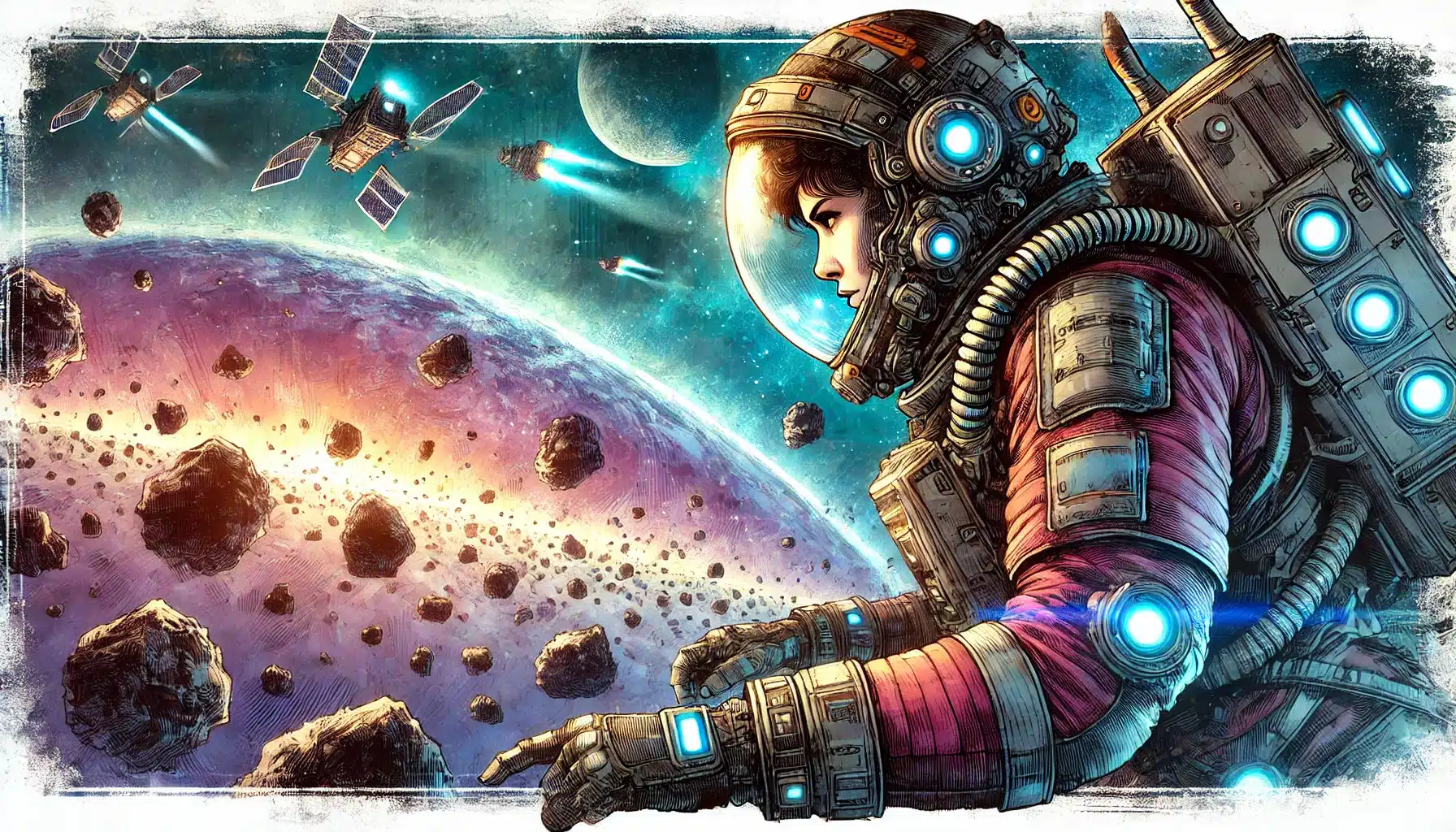An astronaut in a detailed space suit floats in a colorful galaxy, reminiscent of a tabletop RPG universe. Asteroids surround a distant planet with rings. Nearby, a spacecraft and satellite traverse the glowing starry expanse, as if part of an epic Dungeons & Dragons quest.