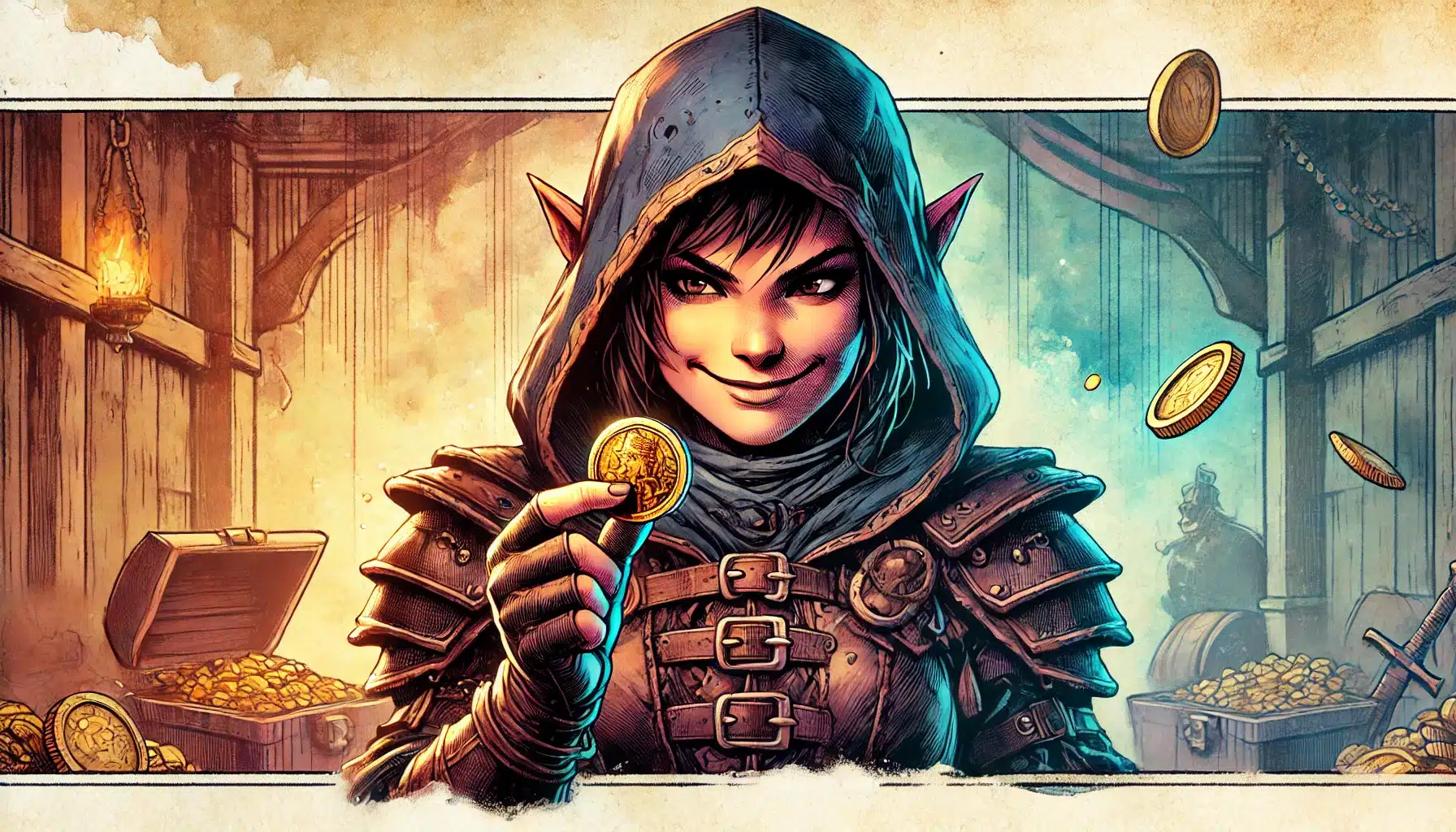 In this fantasy scene, a mysterious character with pointed ears and a hooded cloak smirks while holding a gold coin. Chests of treasure surround them in a rustic room reminiscent of a DND adventure. Coins float in the warm, atmospheric lighting.