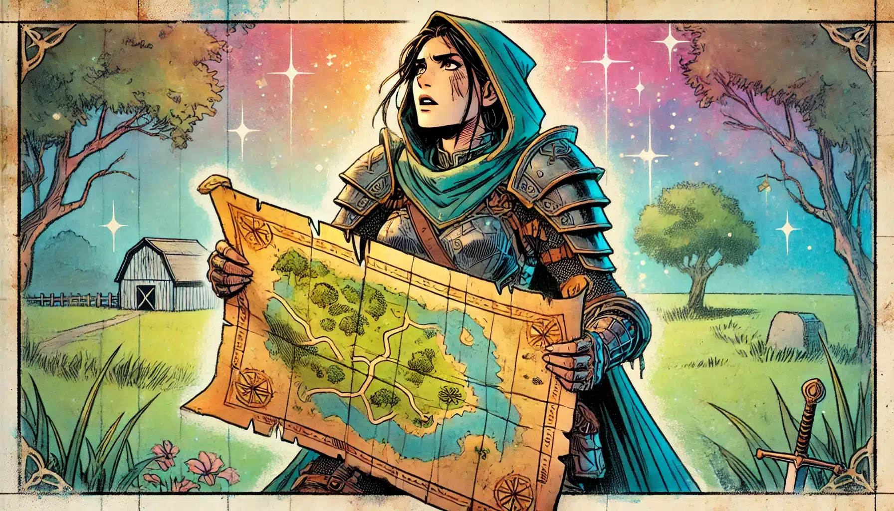 In a vibrant fantasy landscape, a figure in armor and a teal hood holds an intricate map, reminiscent of Pathfinder RPG quests. They stand amidst trees, flowers, and a barn under a starlit sky glowing with a colorful sunset.