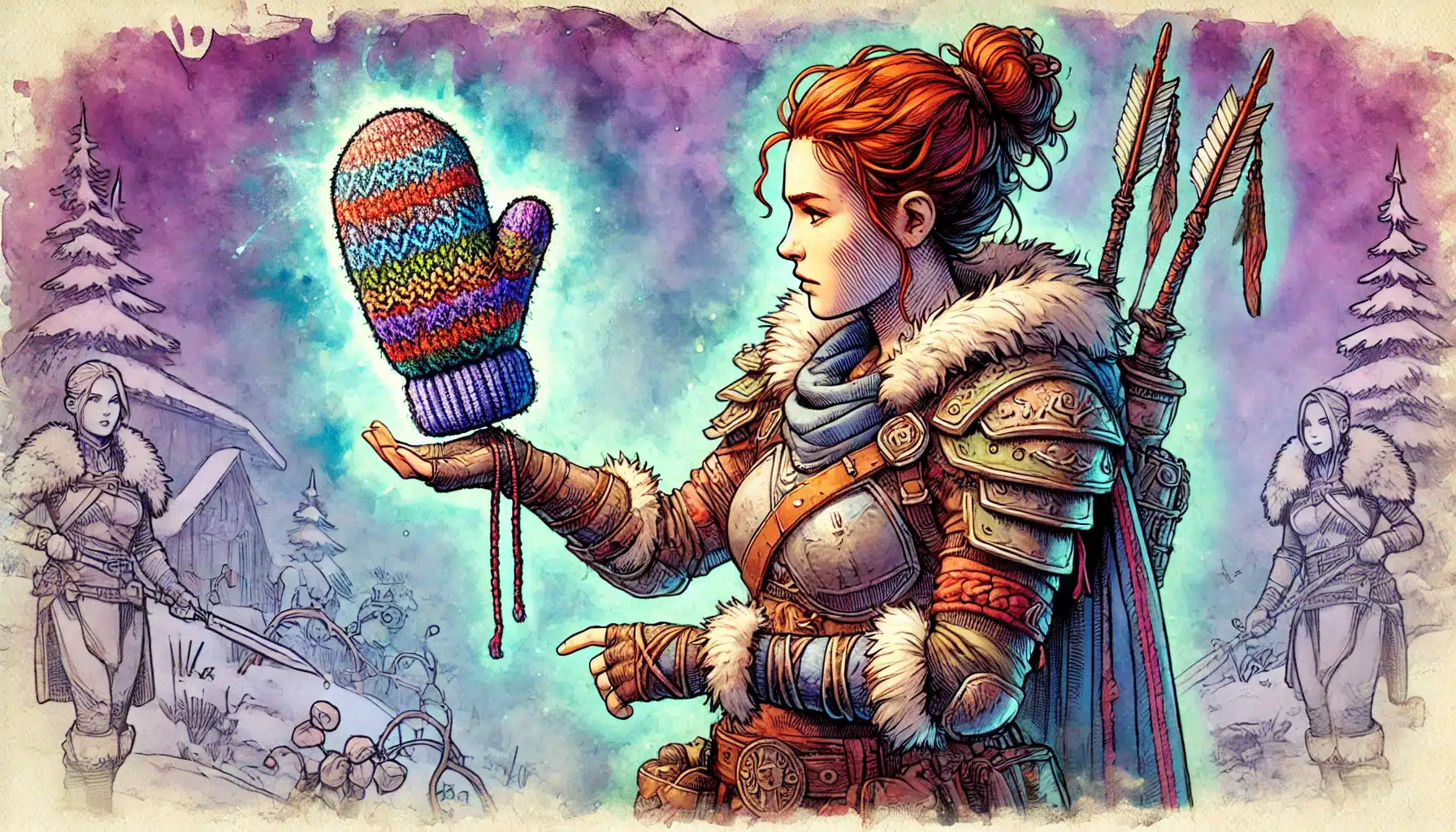 A warrior with braided red hair and fur-lined armor holds a colorful knitted mitten in a magical glow, reminiscent of a Dungeons & Dragons artifact. She stands in a snowy forest with two other warriors wielding bows and arrows. The background is pastel purple and blue.