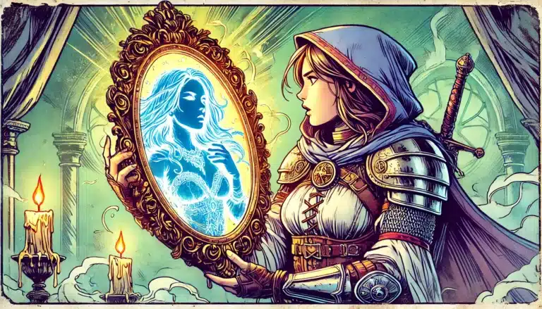 In a mystical, candle-lit room with a dreamy atmosphere, a female knight in ornate armor and a hood holds an elaborate mirror. Inside its reflection appears an ethereal woman, glowing softly, as if conjured from the pages of a Dungeons & Dragons campaign.