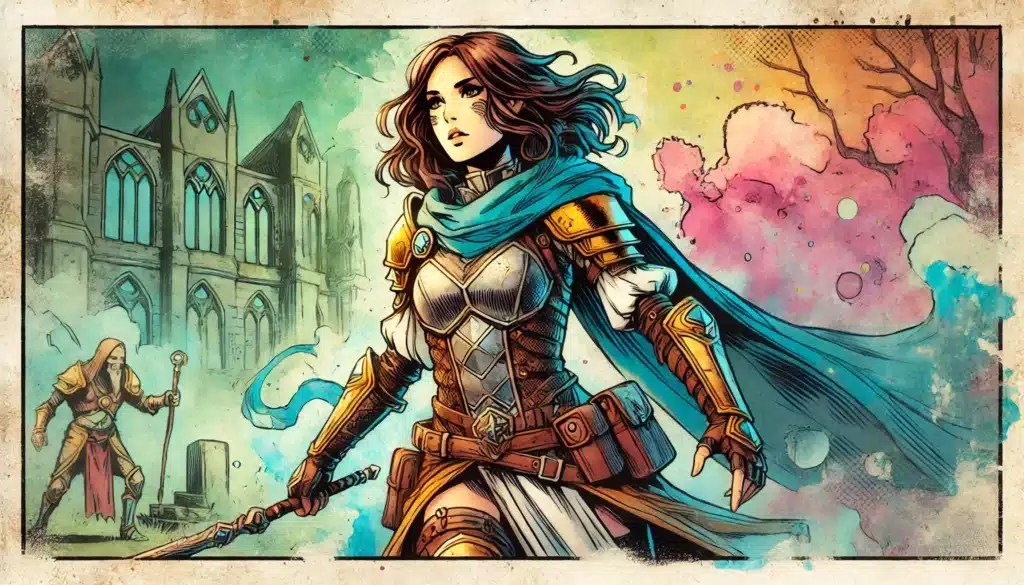 A female warrior stands confidently, clad in armor and a flowing blue cape, sword in hand. Her expression is determined. In the background, a monk-like figure holds a staff against the backdrop of a ruined building and colorful sky—a scene perfect for any Dungeons & Dragons tabletop RPG adventure.