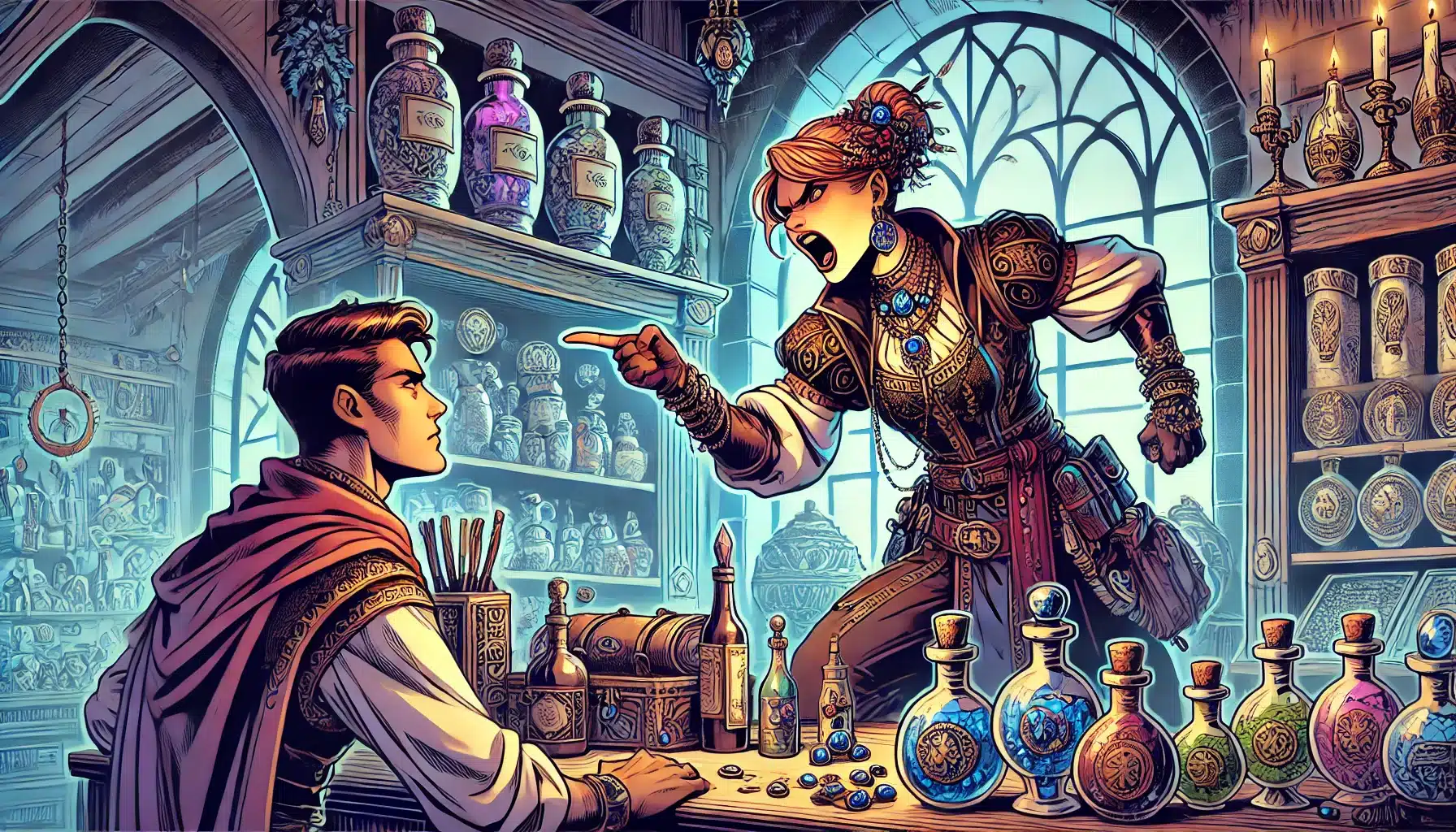 In an ornate apothecary, a woman in elaborate fantasy attire angrily points at a seated man across a potion-filled table. The room, akin to a DND setting, boasts large arched windows and shelves of colorful bottles amidst various alchemical items.