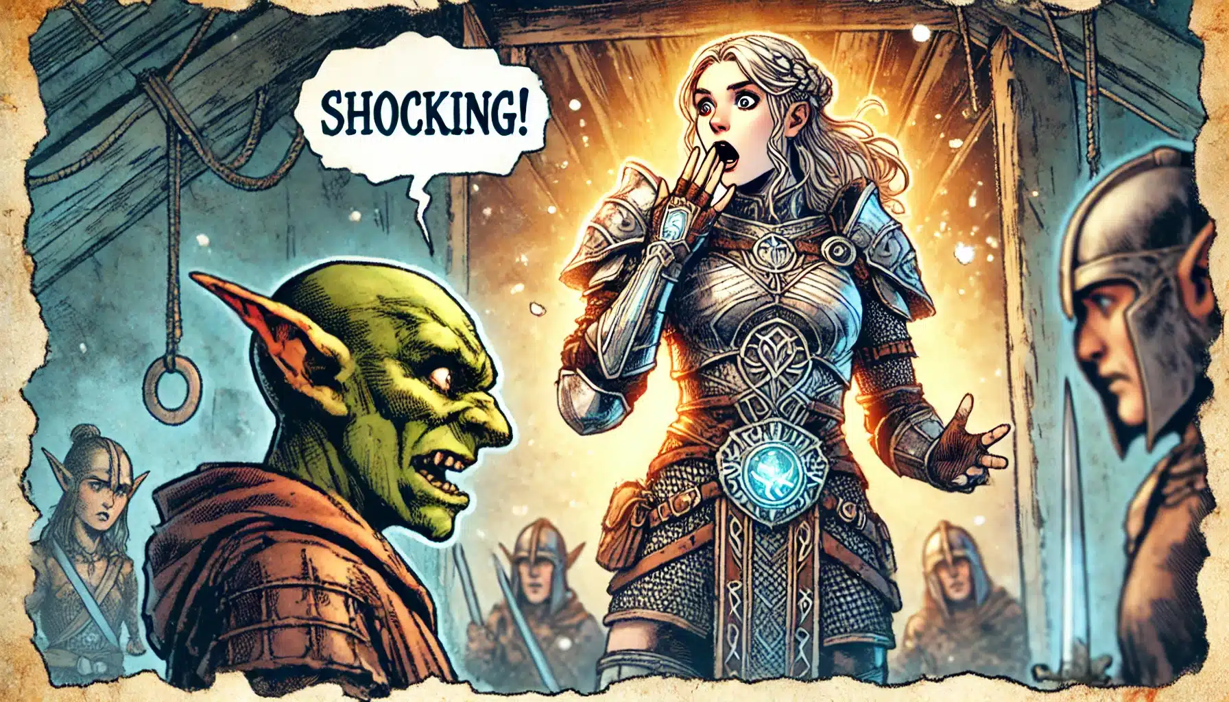 A surprised female knight in ornate armor, perhaps a hero from a Pathfinder RPG adventure, holds her hand to her mouth, radiating light. A green-skinned goblin yells SHOCKING! in a speech bubble. Various armored characters inside the medieval tent complete this tabletop RPG scene.