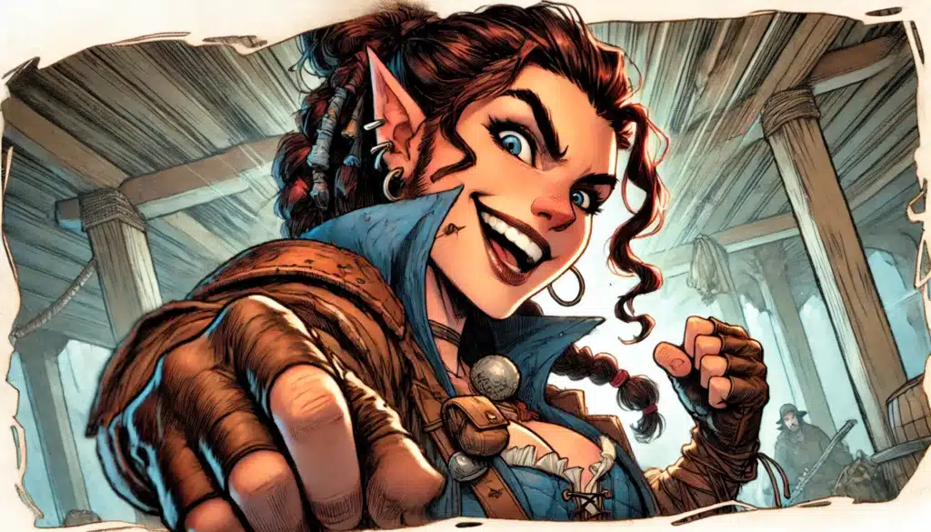 A fantasy-style illustration of a confident elf woman with pointed ears, red braided hair, and a mischievous smile, wearing a blue jacket with a brown glove and rings. Her fist is playfully raised towards the viewer in a dynamic pose, capturing the essence of tabletop RPG adventure.