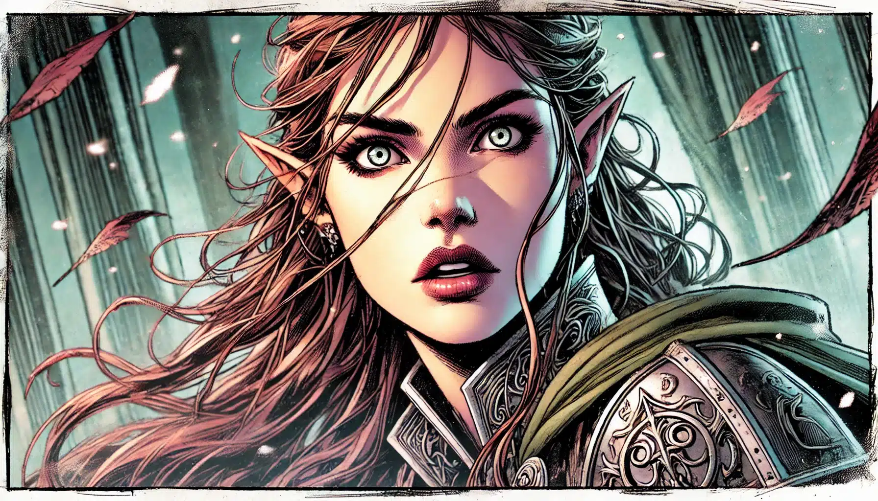 A fantasy illustration of an elf with long, wavy hair and pointed ears, reminiscent of a Dungeons & Dragons character. She has a surprised expression and wears detailed armor with intricate designs. Autumn leaves and artistic lines surround her, adding a dynamic feel to the image.