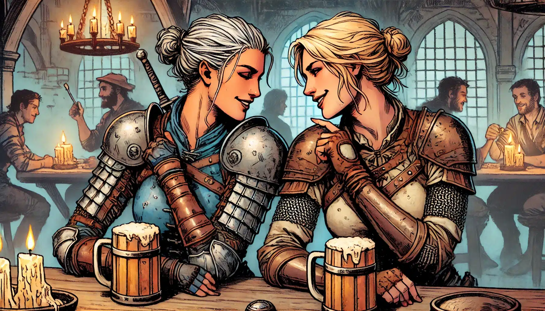 Two women in medieval armor sit at a wooden table in a tavern, smiling at each other over mugs of beer. The cozy, candle-lit atmosphere buzzes with the lively chatter of fellow adventurers discussing their latest Dungeons & Dragons quest.