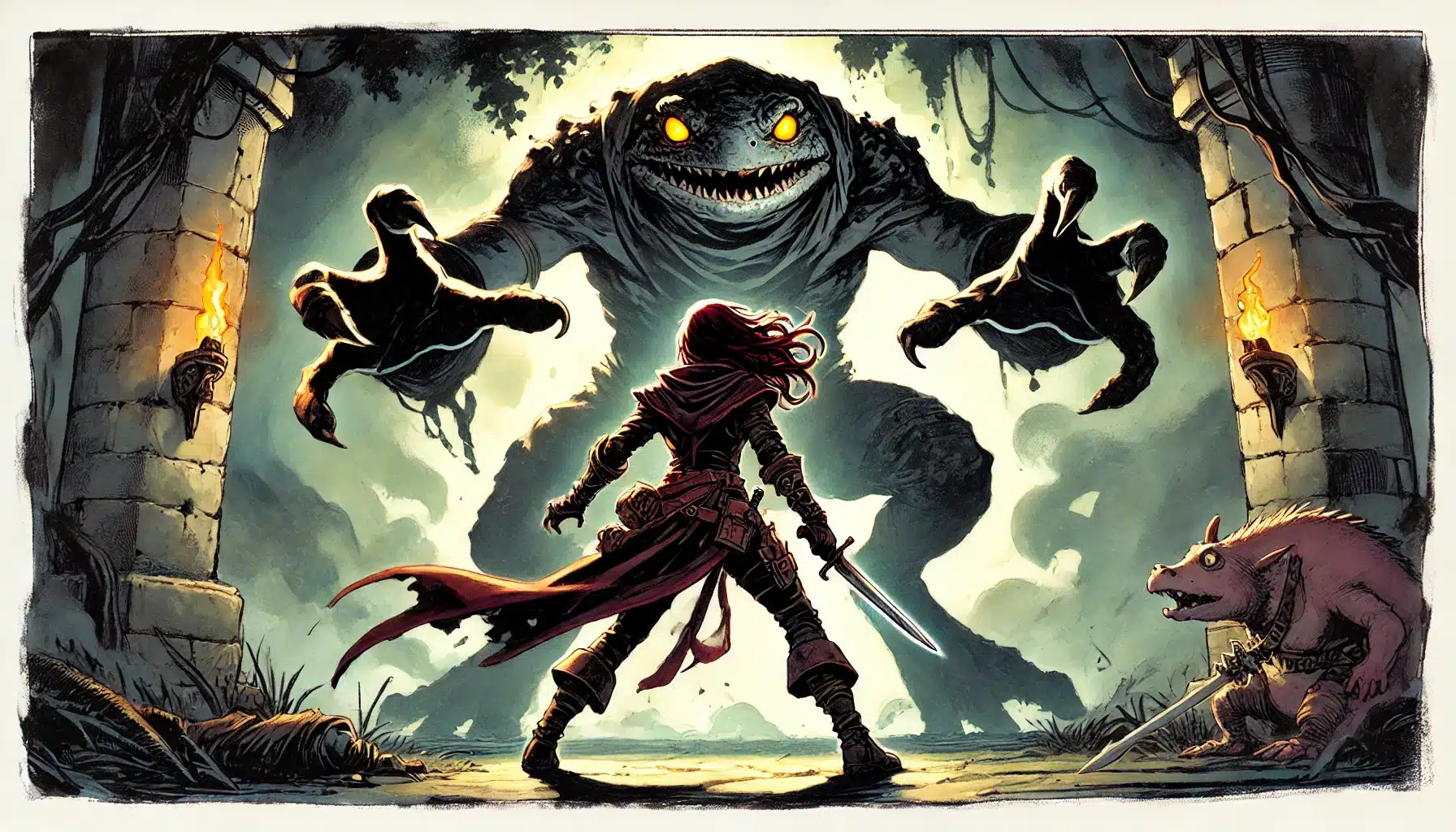 A warrior with swords faces a giant, menacing creature with glowing eyes, amidst ruins lit by torches. Beside them, a small creature wields a spear, poised for battle. The tense scene feels straight out of Dungeons & Dragons, with its rich fantasy atmosphere and dynamic action.