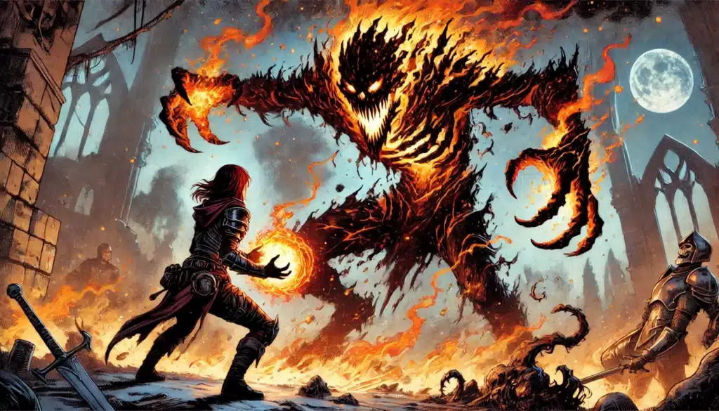 A warrior wielding a glowing orb confronts a towering, fiery creature with sharp features and outstretched claws, as if in a DND or Pathfinder saga. Flames engulf the creature, lighting up the night sky. Ruined structures and a full moon loom in the background of this epic tabletop RPG scene.