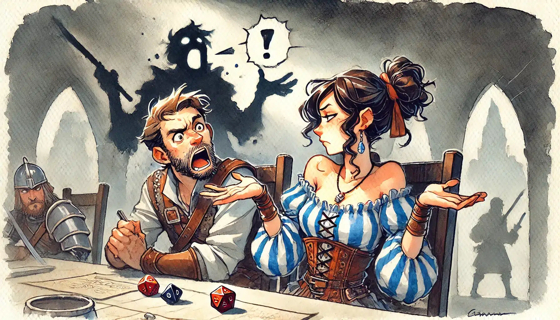 Fantasy illustration of two animated characters playing Dungeons & Dragons. A shocked man holds dice, a woman with a questioning look gestures with her hands. The shadow of a monster looms ominously behind them on the wall, as another player looks on from the side.
