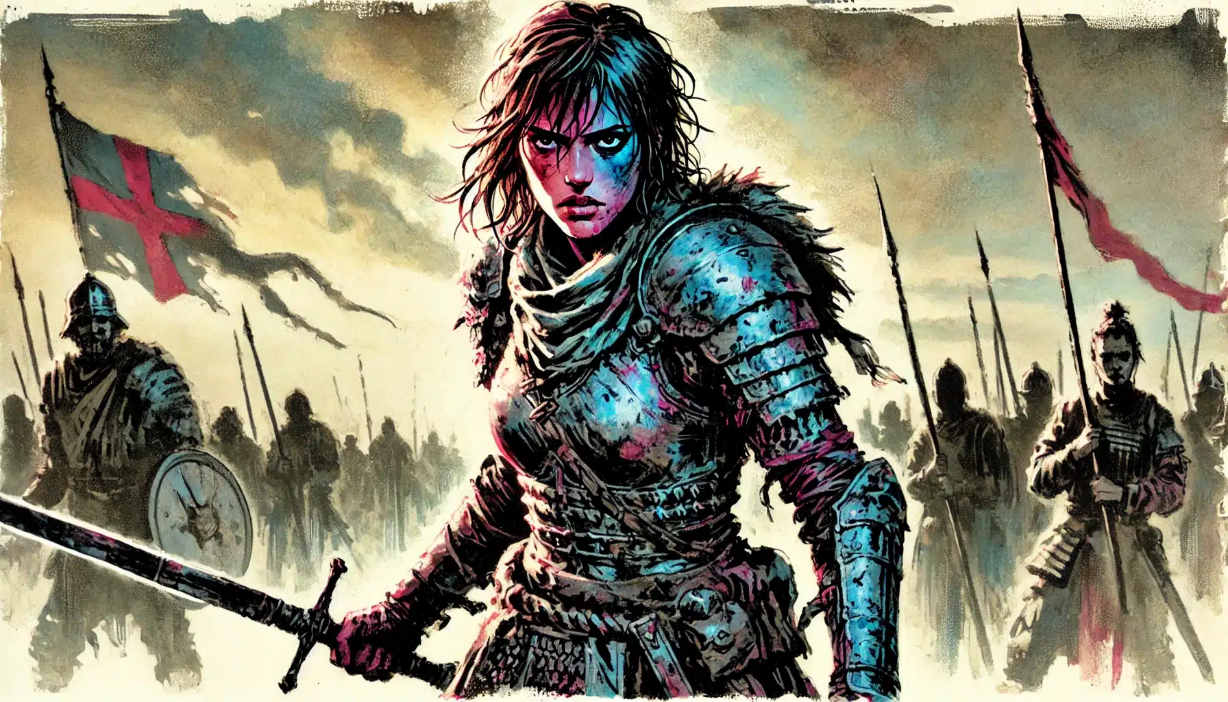 A determined warrior in battle armor stands at the forefront, gripping a sword, reminiscent of a Dungeons & Dragons hero. The background features medieval soldiers and flags with crosses under a dramatic sky, evoking the intense focus of a tabletop RPG session.