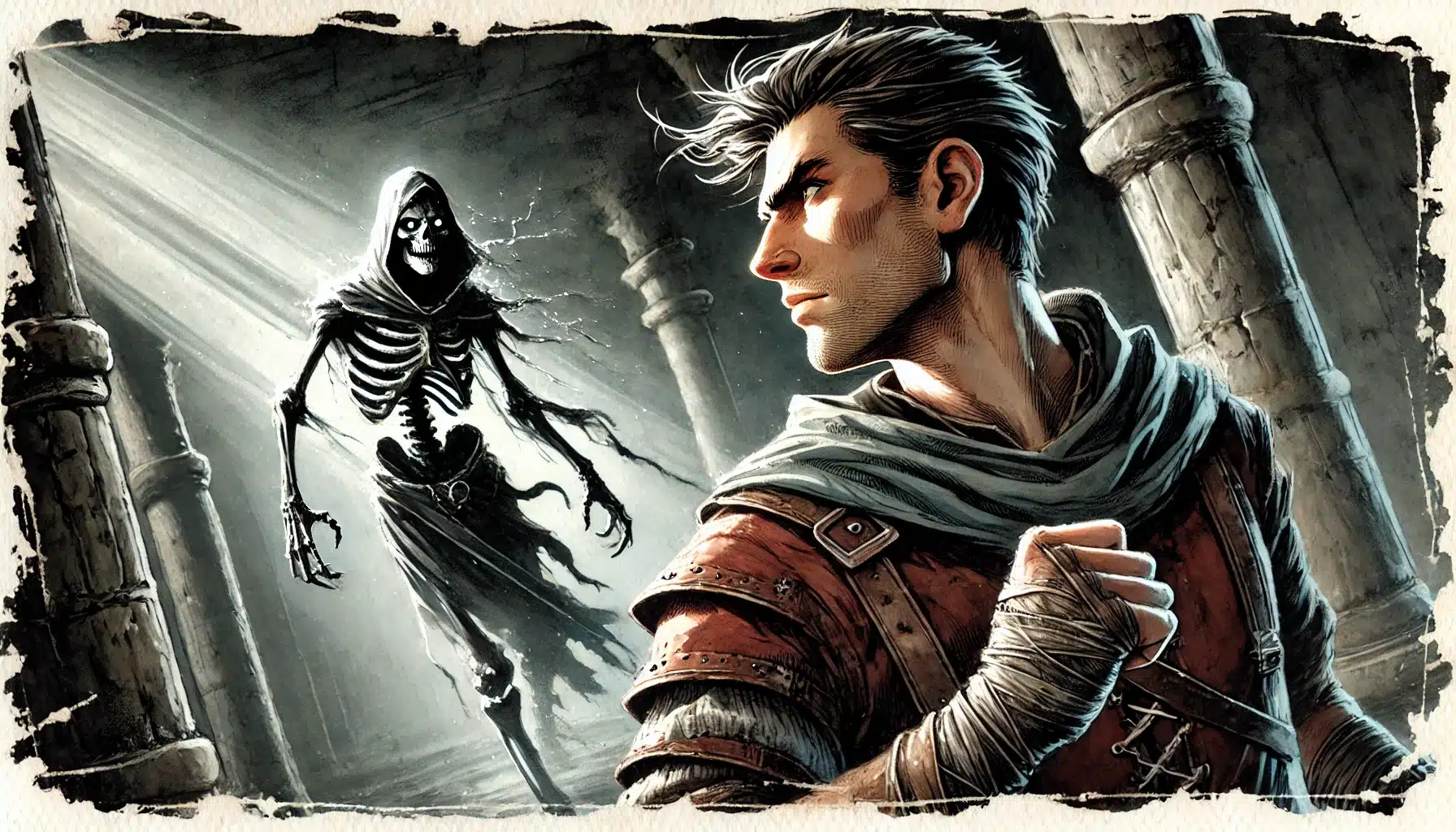 A young, determined adventurer in a leather outfit stands in an ancient, columned chamber straight out of a tabletop RPG. They look back at a mysterious, cloaked skeletal figure emerging from the shadows. Light streams dramatically, casting shadows on the stone pillars.