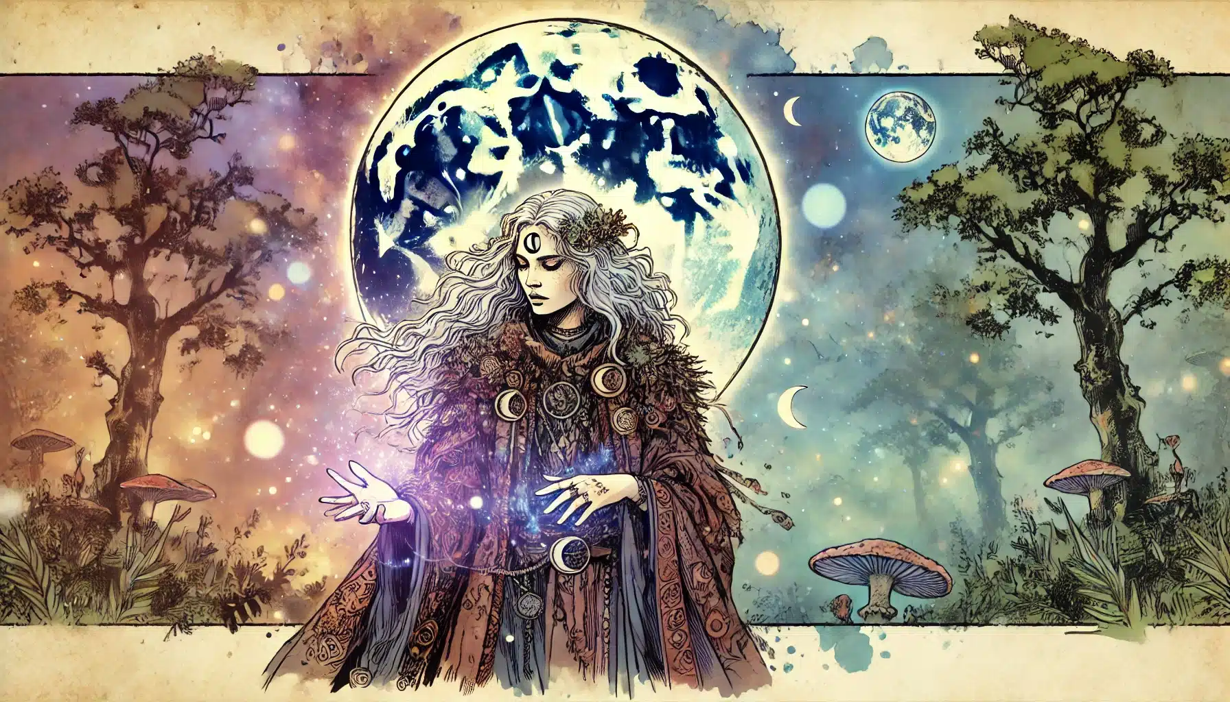 A fantasy illustration of a Moon Druid with flowing hair and a crescent headdress, standing before a large moon. Cloaked in celestial symbols, they emit Natures Magic from their hand. Trees and mushrooms surround them, under the gaze of a smaller moon in the sky.
