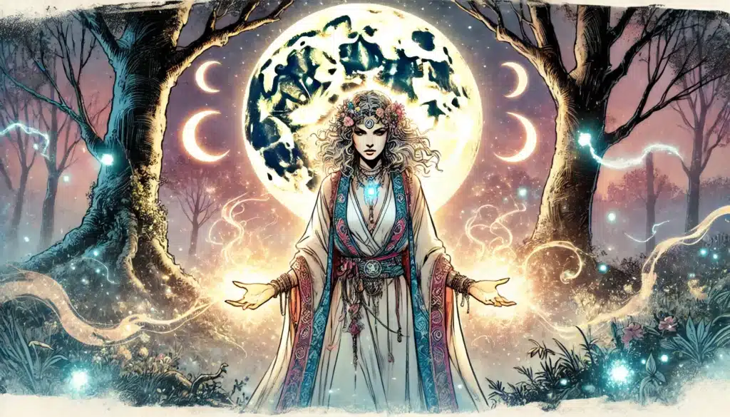 Illustration of a mystical Moon Druid, with long white hair and a floral crown, standing with open arms. A glowing full moon and crescent moons illuminate the scene, surrounded by trees and ethereal mist, embodying Natures Magic in an enchanting D&D 2025 setting.