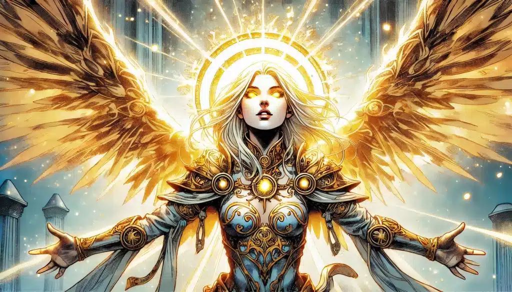 A fantasy illustration of an Aasimar woman with radiant golden wings and a glowing halo. She wears ornate golden armor and extends her arms, channeling Celestial Glory against a bright, ethereal backdrop, reminiscent of a mythical D&D realm.