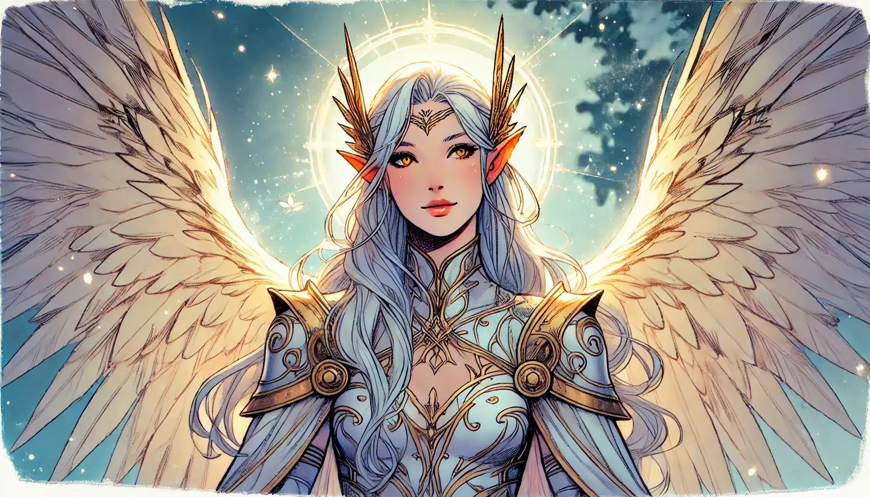 A fantasy illustration of a winged elf resembling an Aasimar, with long silver hair and pointed ears. She wears ornate armor with gold accents, embodying celestial glory. A glowing halo behind her head and a starry sky in the background enhance her otherworldly presence, like a character from D&D.