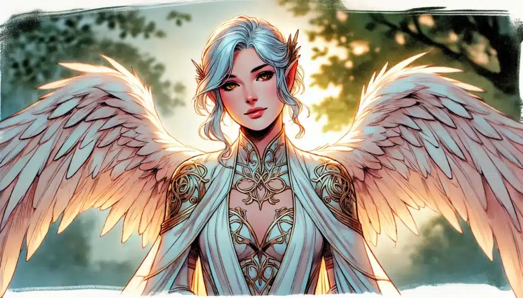 In a serene forest bathed in soft light, an Aasimar woman with silver hair and large, detailed wings stands. Her gold-trimmed gown exudes Celestial Glory as she radiates a calm, gentle expression, embodying the enchanting essence of D&D fantasy.