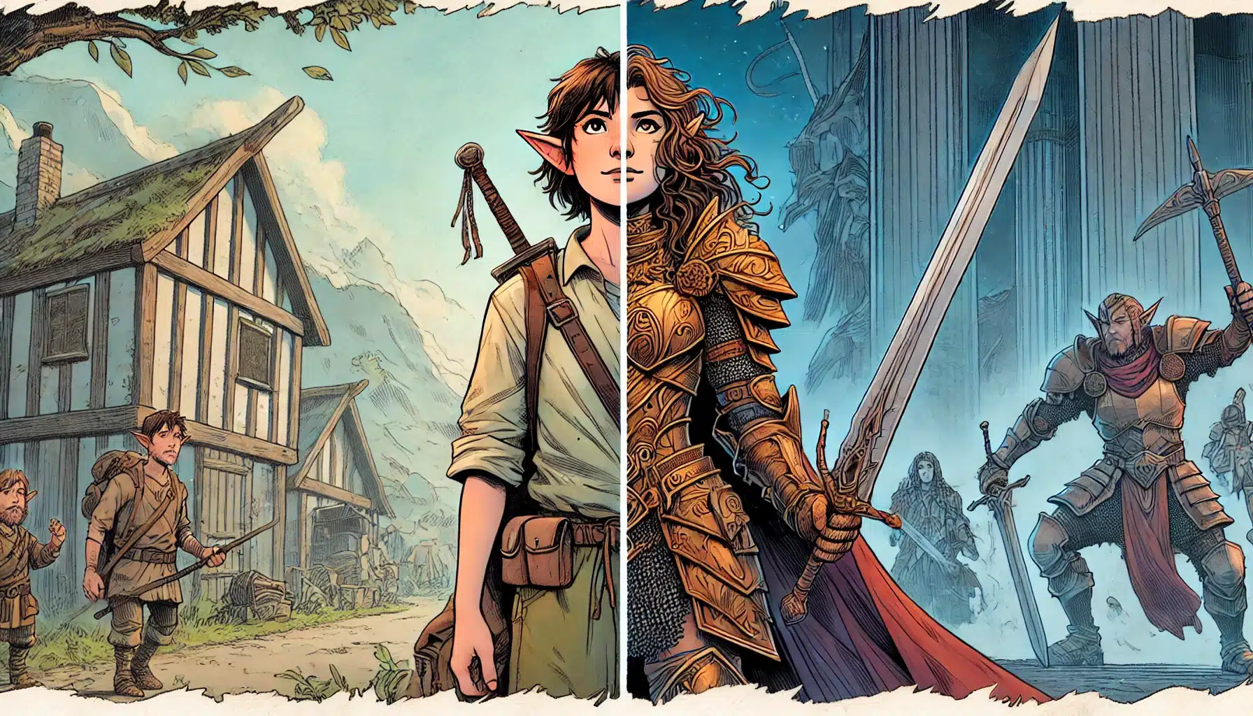 A split image reveals an elf character on the left in a peaceful village with cottages, and on the right, clad in ornate armor, wielding a sword among warriors. This evokes epic journeys and character arcs like those found in thrilling D&D campaigns.