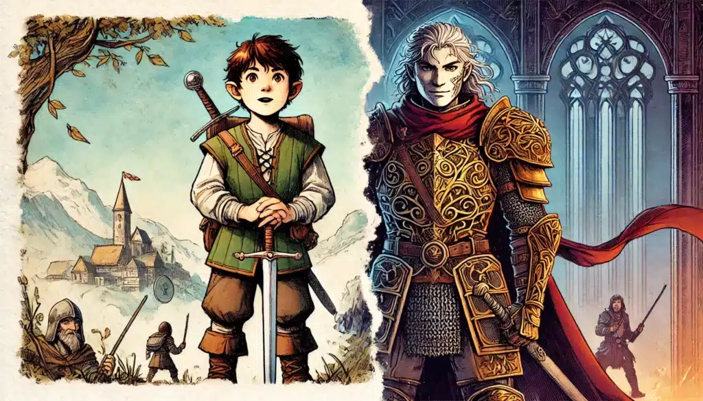 An illustration split in two: on the left, a young adventurer with a sword in a rustic village setting; on the right, a warrior in ornate armor amid dark, gothic architecture. Both sides echo fantasy themes reminiscent of D&D campaigns and evolving character arcs.