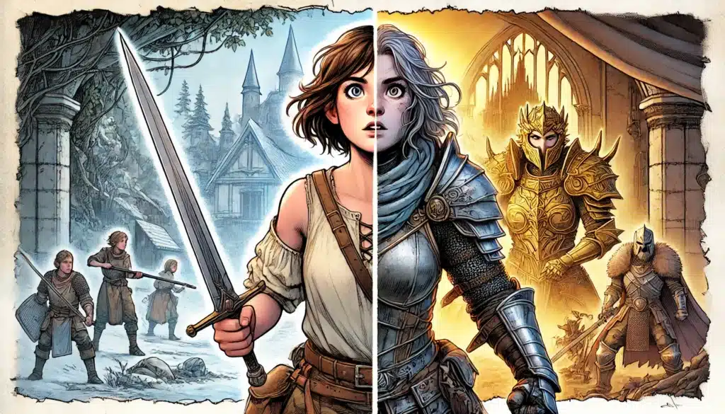 This artistic split image captures character arcs through two contrasting scenes. Left: A young woman with a sword in a winter village with children. Right: The same woman in armor inside a golden-lit hall with knights, evoking epic journeys of growth and transformation akin to a D&D campaign.