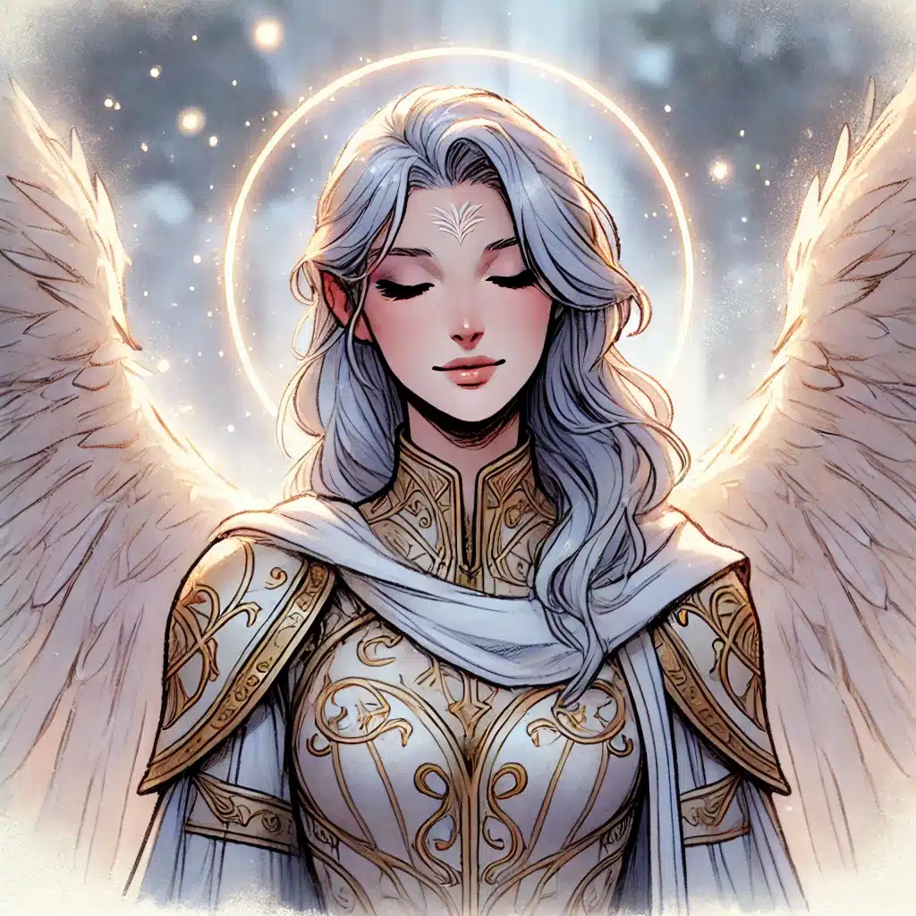 In a gentle forest setting, a serene angel with long silver hair and pointed ears stands with soft white wings. Donning ornate golden armor with intricate patterns, she embodies the essence of a D&D adventure. A glowing halo encircles her head as ethereal light surrounds her.
