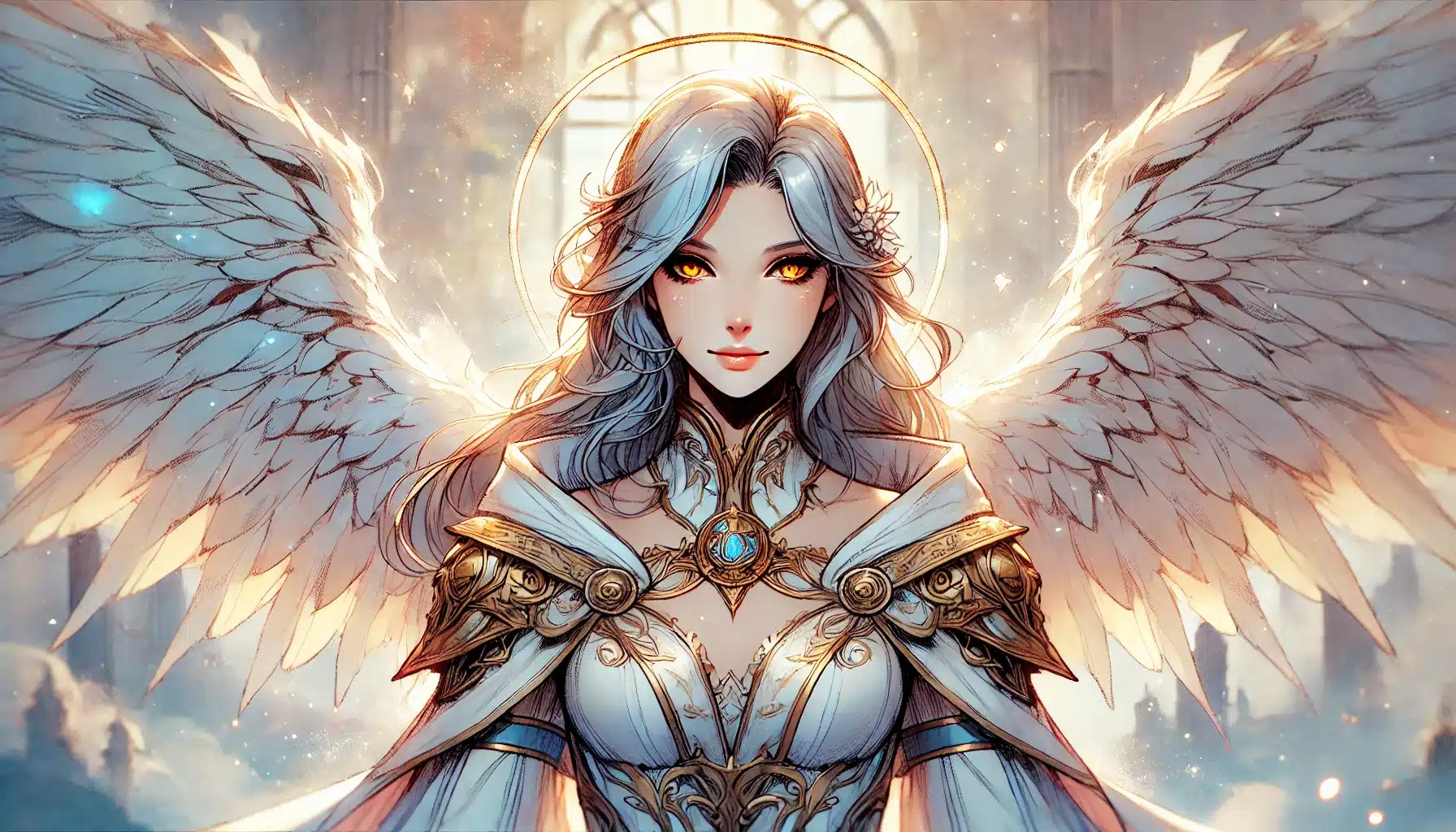 Illustration of a female angelic figure with glowing yellow eyes and long white hair, wearing ornate gold and white armor. She embodies the aura of an epic D&D adventure. With large, feathered wings and a halo, the ethereal light and columns create a heavenly atmosphere.