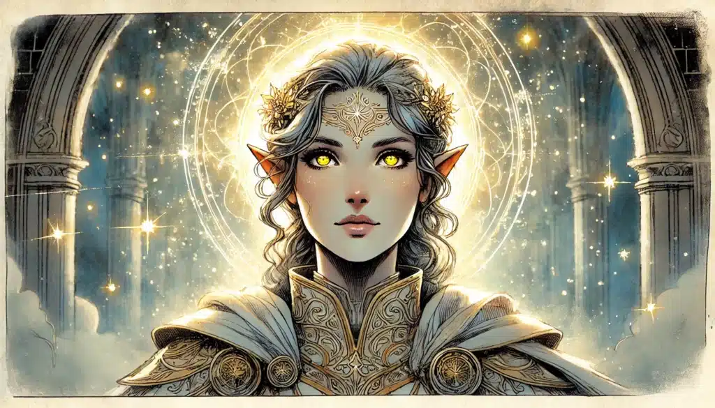 An adventure-laden fantasy illustration of an elven character with glowing yellow eyes, ornate golden armor, and a crown of leaves. The celestial-patterned backdrop hints at a D&D quest, casting a soft glow that enhances the mystical and ethereal atmosphere.