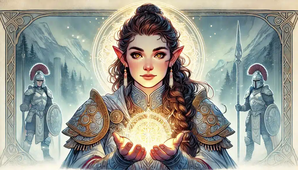 A fantasy portrait of an elf with pointed ears and braided hair, holding a glowing orb, reminiscent of a D&D adventure. She wears ornate armor surrounded by mountains and two armored guards with spears, an intricate halo-like pattern framing her head.