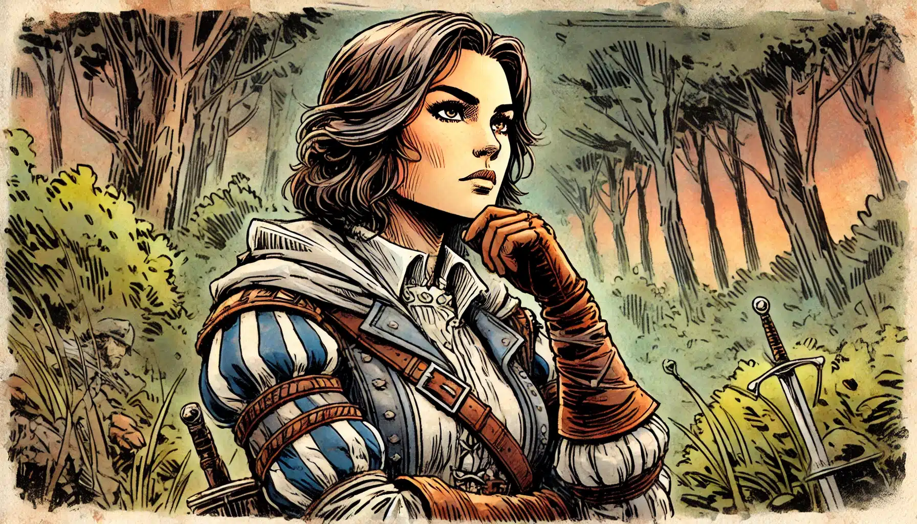 Illustration of a medieval woman with short brown hair, wearing armor and a blue-striped tunic, standing thoughtfully in a forest. She contemplates her character flaws, hand near chin, surrounded by tall trees and swords sticking in the ground—a scene straight from a D&D adventure.
