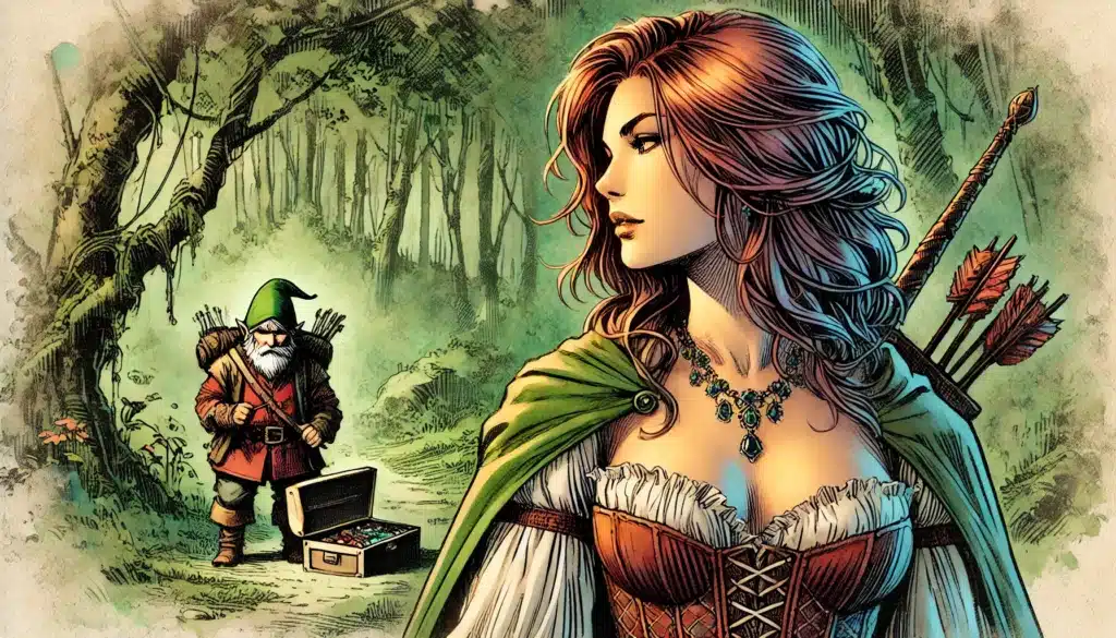 A woman with long red hair, wearing a green cloak and a necklace, stands in a forest holding a quiver of arrows. In the background, a bearded figure in a green hat opens a treasure chest filled with gems. The scene evokes an Alignment-Based Roleplaying theme, detailed and artistic in its execution.
