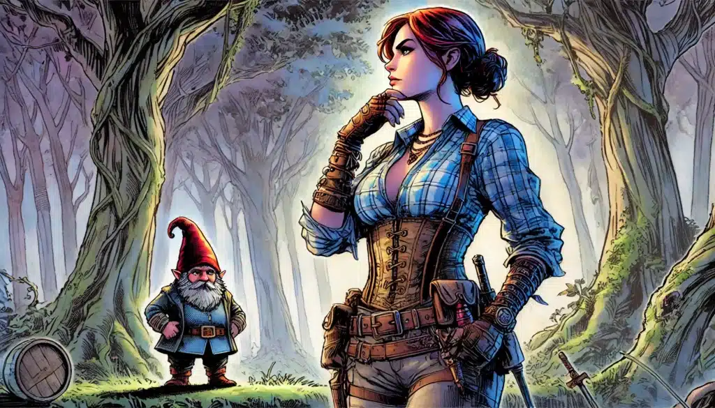 A confident woman in a plaid shirt and leather corset stands thoughtfully in a forest, with weapons at her side. A small, bearded gnome in red and blue looks up at her, as if waiting for guidance. Sunlight filters through the trees, hinting at their next Dungeons and Dragons campaign adventure.