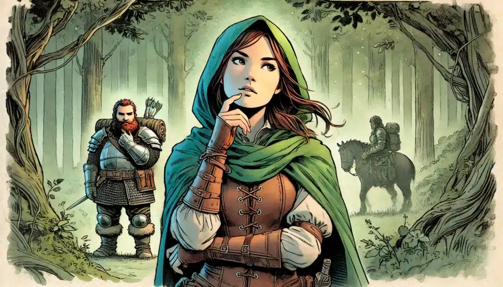 A woman in medieval attire and a green cloak stands thoughtfully in a forest, pondering her character flaws. Behind her, a bearded man in armor holds a weapon, embodying alignment-based roleplaying, while another figure on horseback emerges in the misty background.